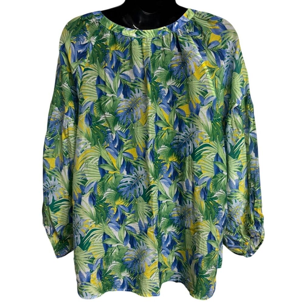 Tommy Bahama Women Tropical Blouse Large Green Blue Floral V Tunic Boho Top - Picture 4 of 7